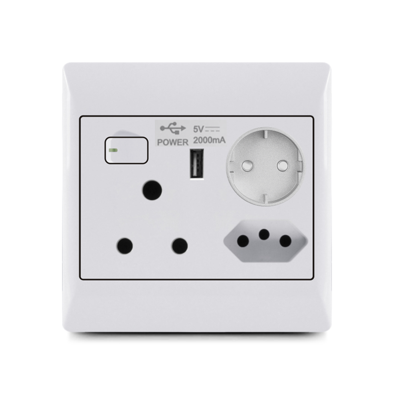 South Africa switch socket,1 lever+16A+ brazil+euro socket+USB 