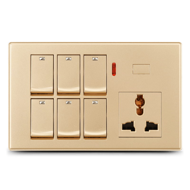 6 gang switch+MF socket and indicator with dimmer provision